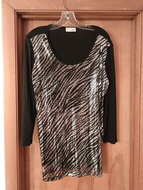 Vibe Sequin Zebra-Print Tunic Top - Black & Silver Size Large Long Sleeves